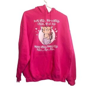 Happy Sleepy Purr Kitty Cat‎ Graphic Fleece Lined Pullover Hoodie Pink Size XL